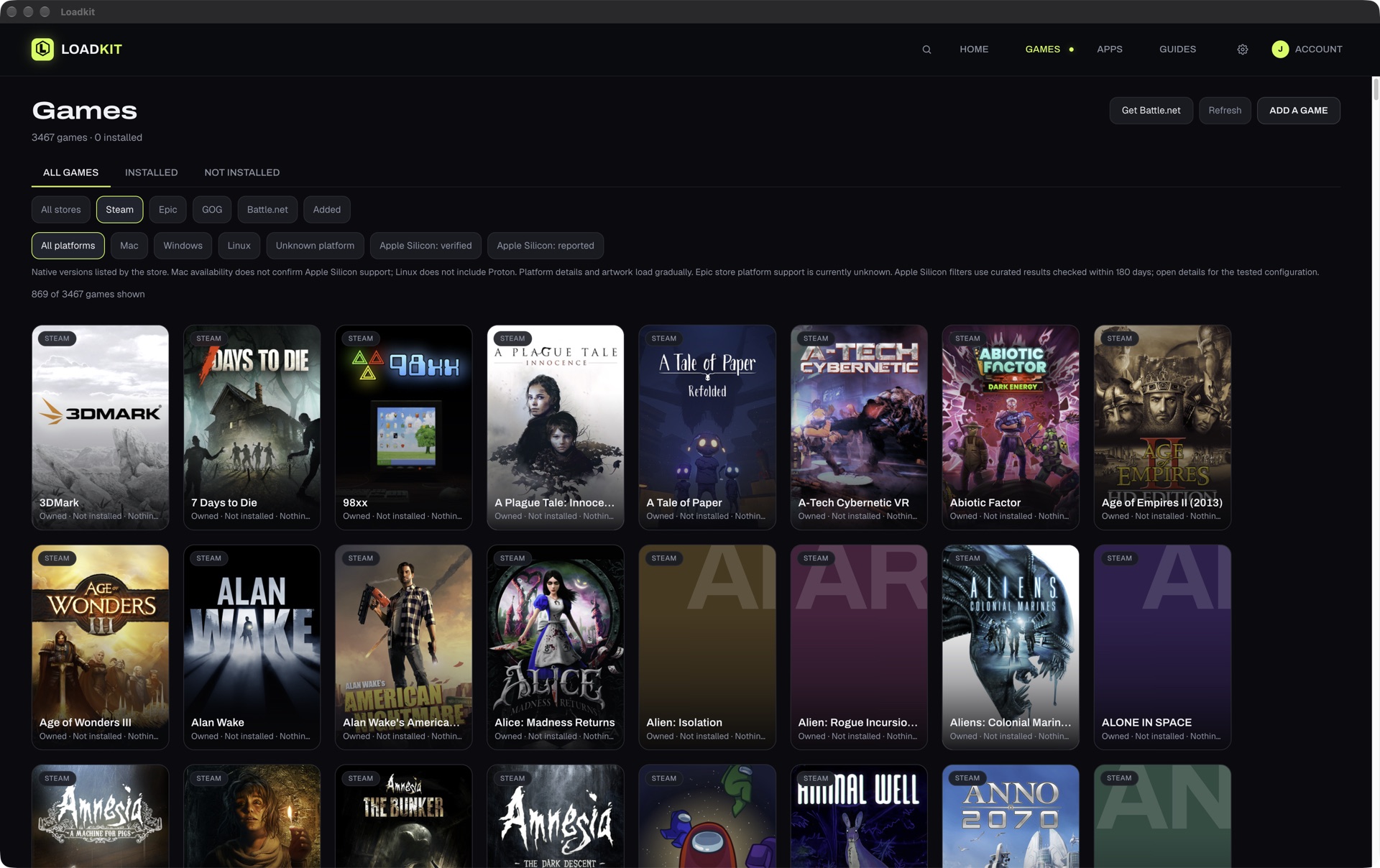 Loadkit's Games library showing a grid of Steam games with cover art